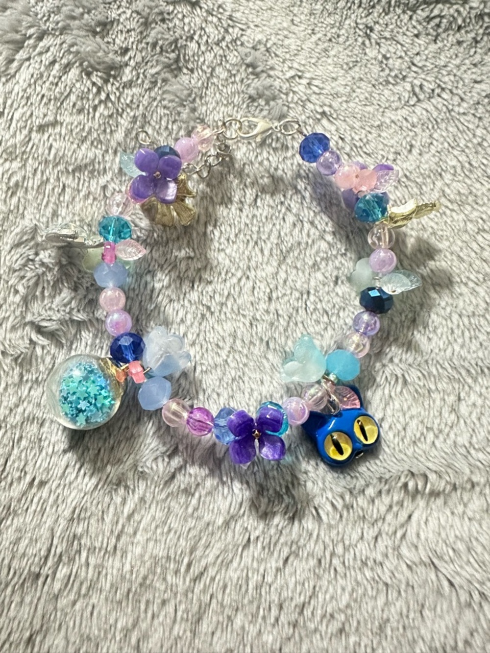 Whimsical Pastel Beaded Charm Bracelet with Cat Charm